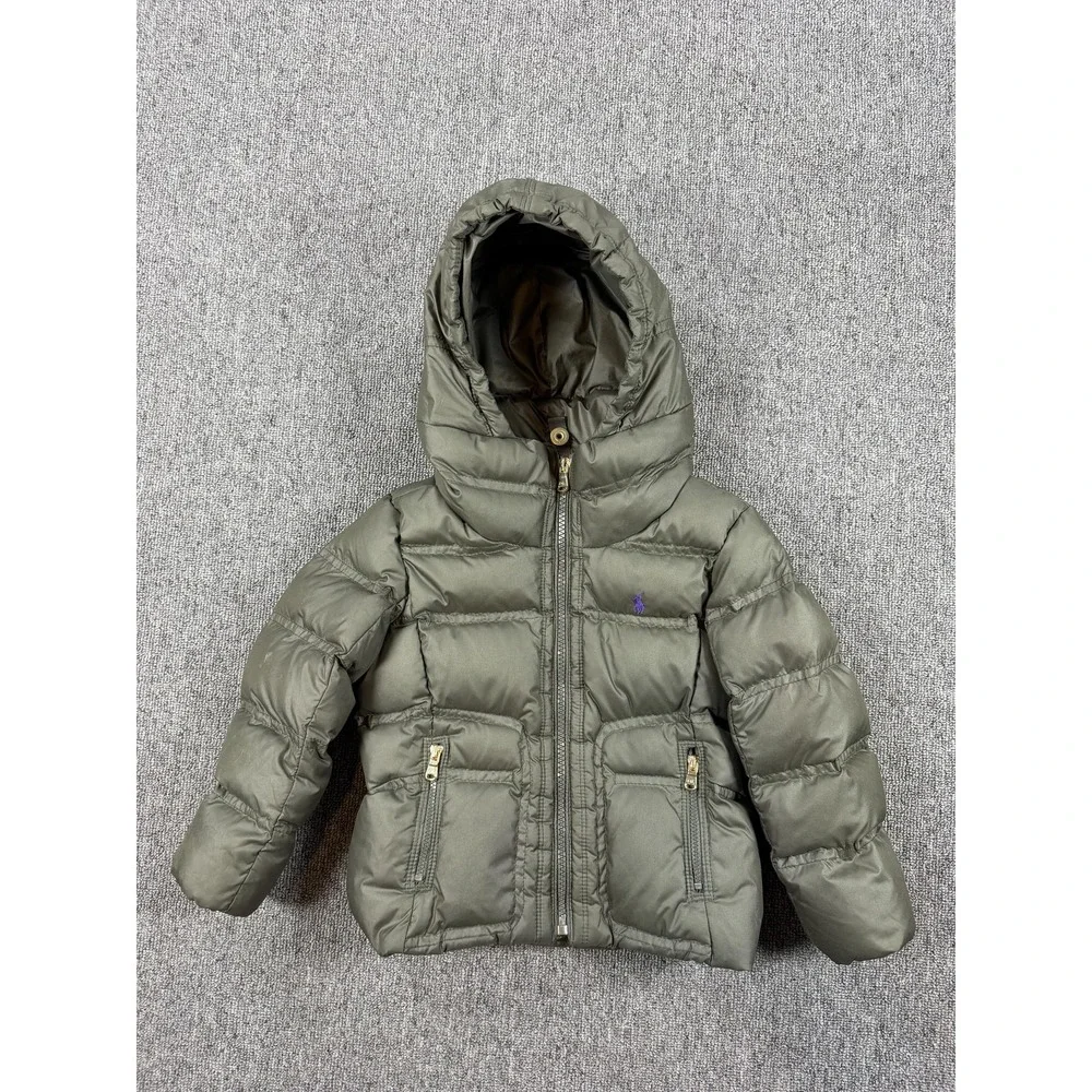 Ralph Lauren Jacket Girls 3T Green Hooded Down Puffer Full Zip Warm Winter Parka